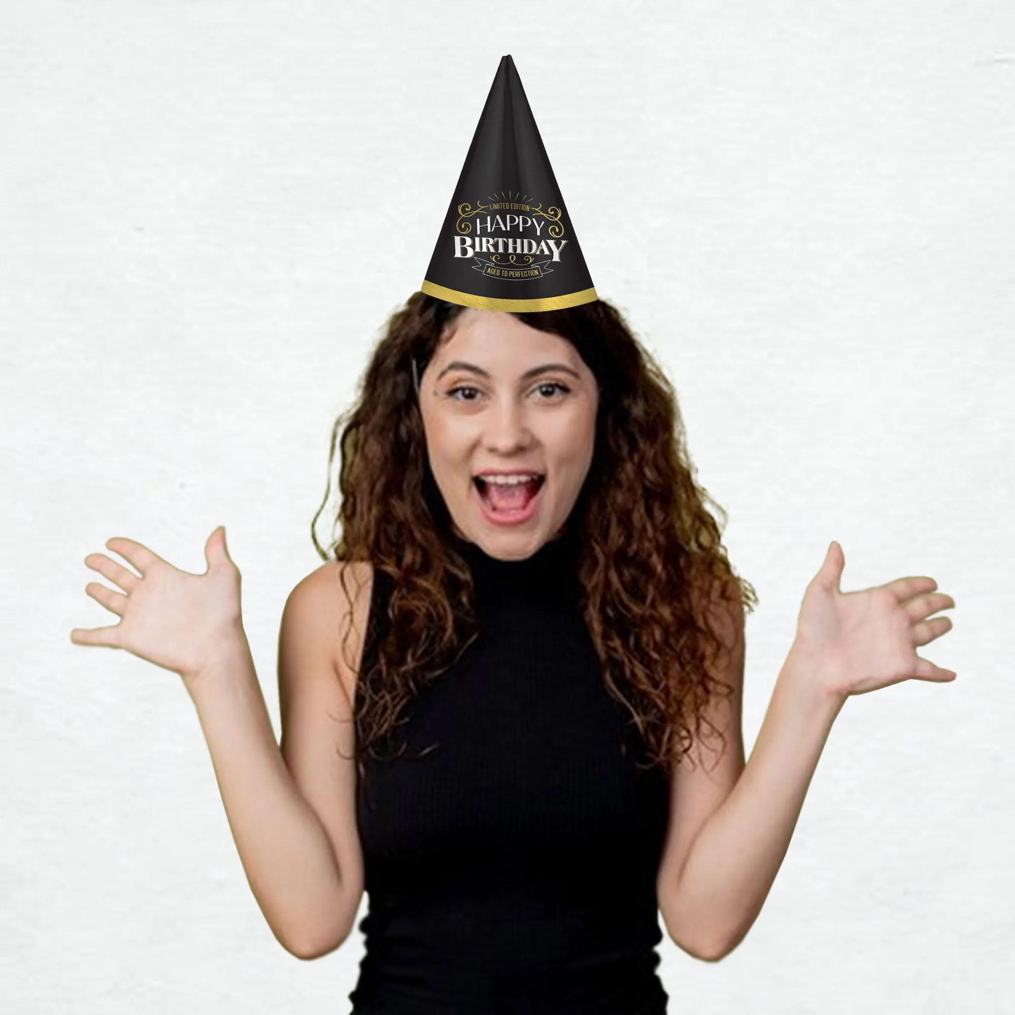 Aged to Perfection Vintage Dude Black & Gold Foil Cone Party Hats, 12 Count
