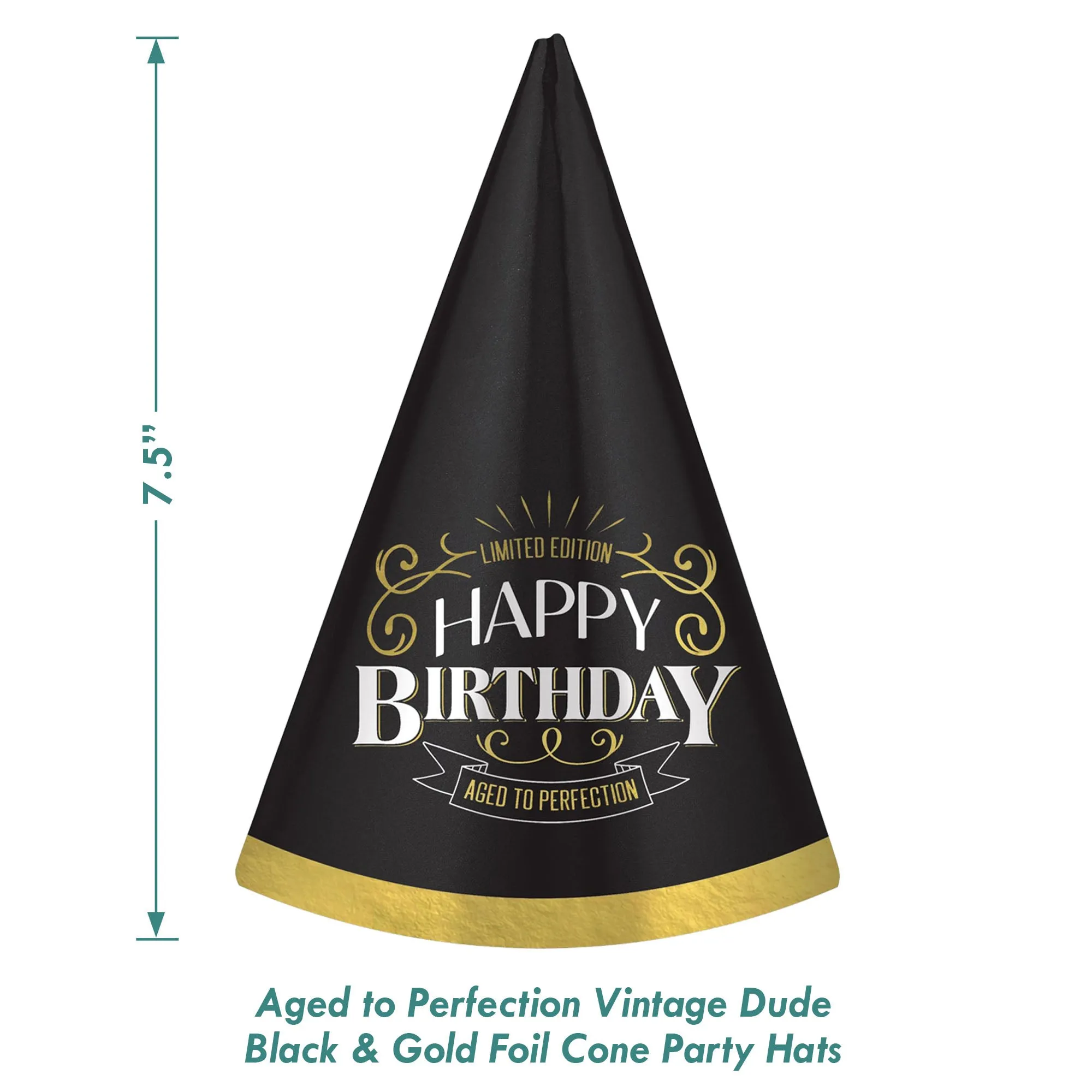 Aged to Perfection Vintage Dude Black & Gold Foil Cone Party Hats, 12 Count