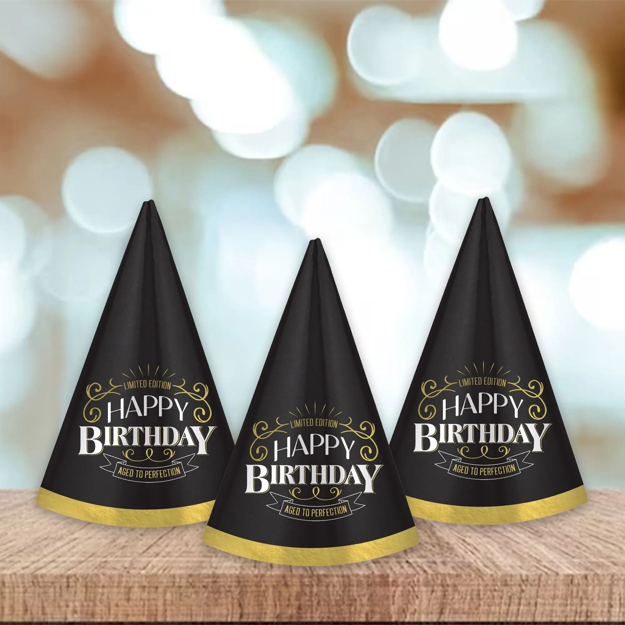 Aged to Perfection Vintage Dude Black & Gold Foil Cone Party Hats, 12 Count