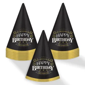 Aged to Perfection Vintage Dude Black & Gold Foil Cone Party Hats, 12 Count