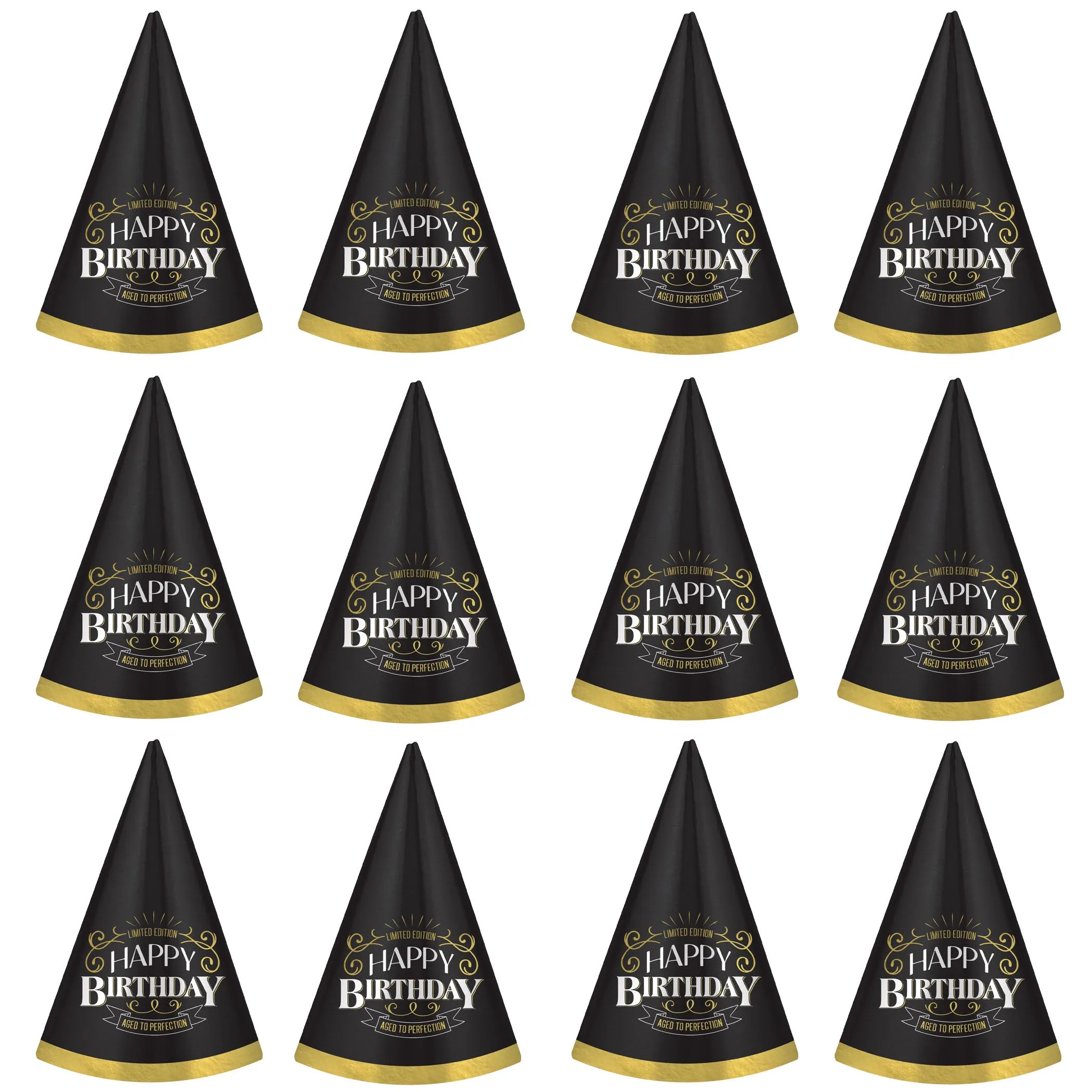 Aged to Perfection Vintage Dude Black & Gold Foil Cone Party Hats, 12 Count