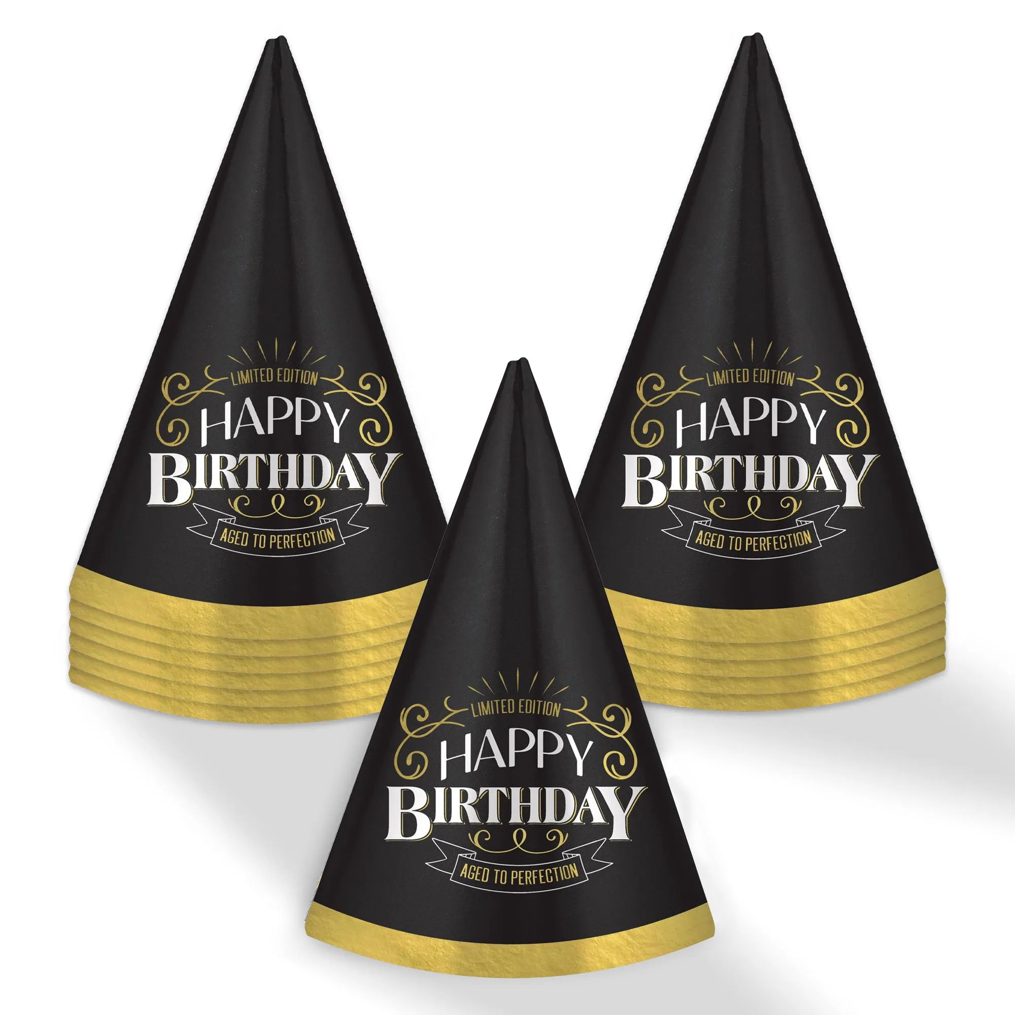 Aged to Perfection Vintage Dude Black & Gold Foil Cone Party Hats, 12 Count