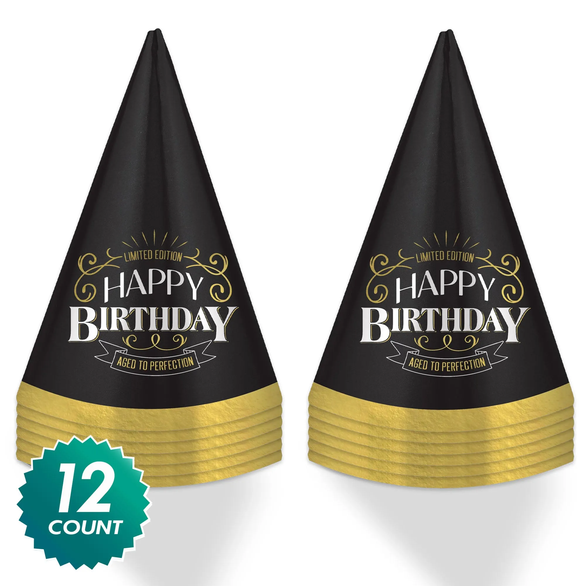 Aged to Perfection Vintage Dude Black & Gold Foil Cone Party Hats, 12 Count