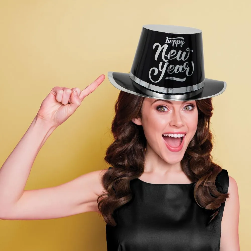 Bulk New Year's Black and Silver Top Hat (Case of 12)