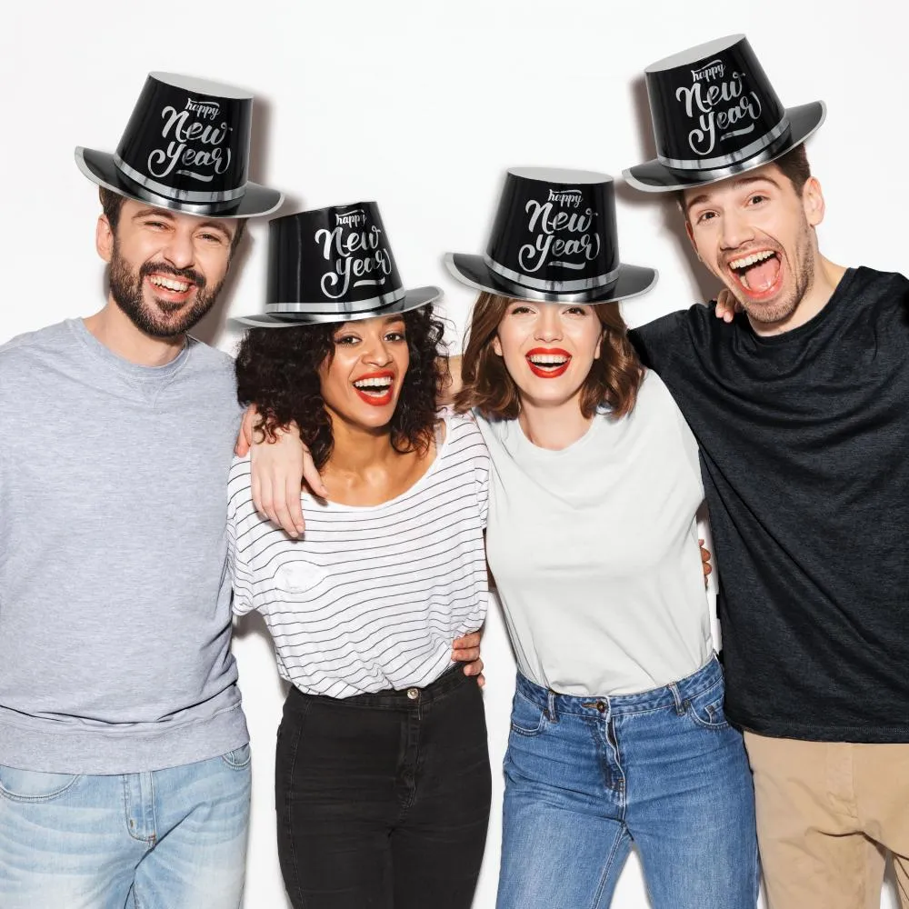 Bulk New Year's Black and Silver Top Hat (Case of 12)