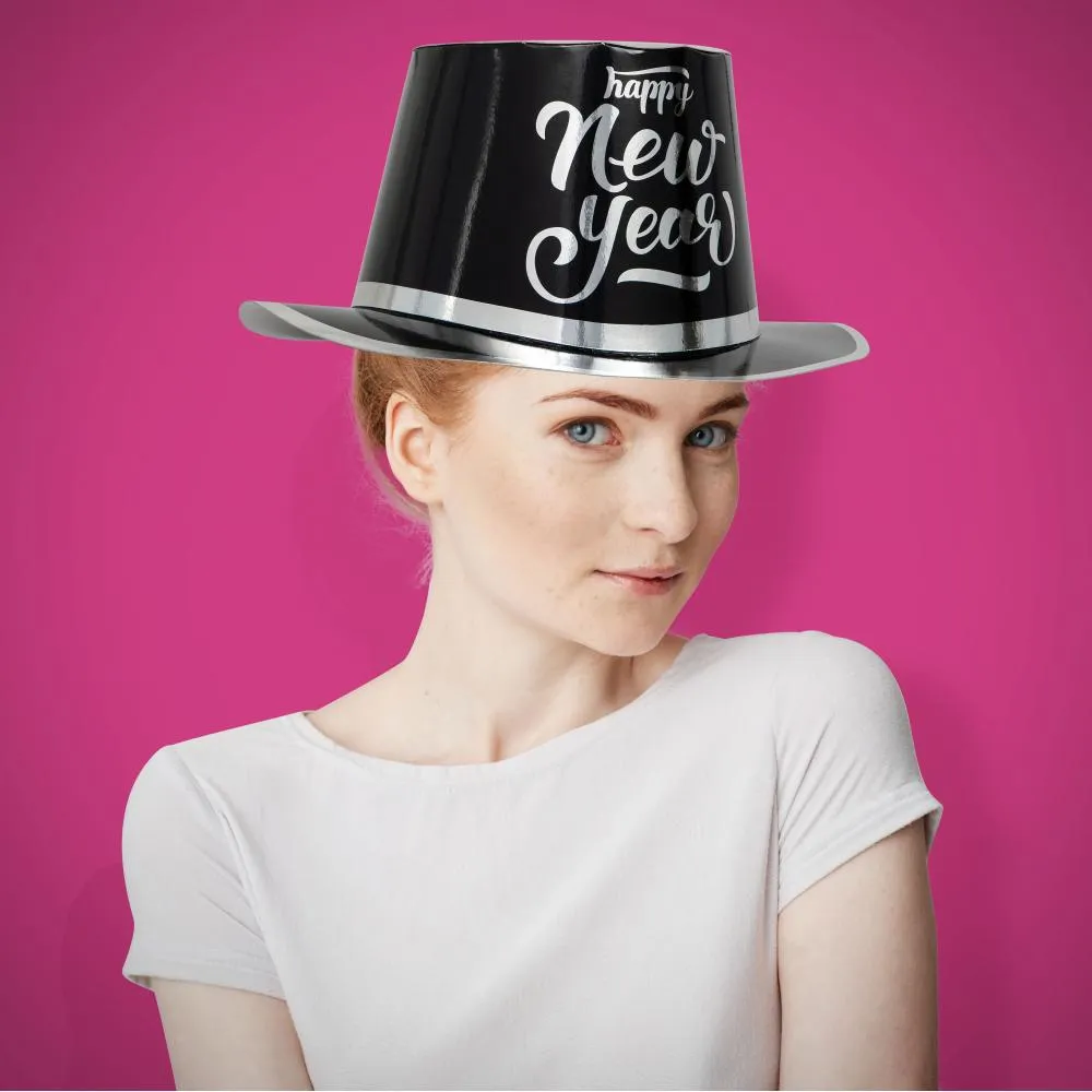 Bulk New Year's Black and Silver Top Hat (Case of 12)