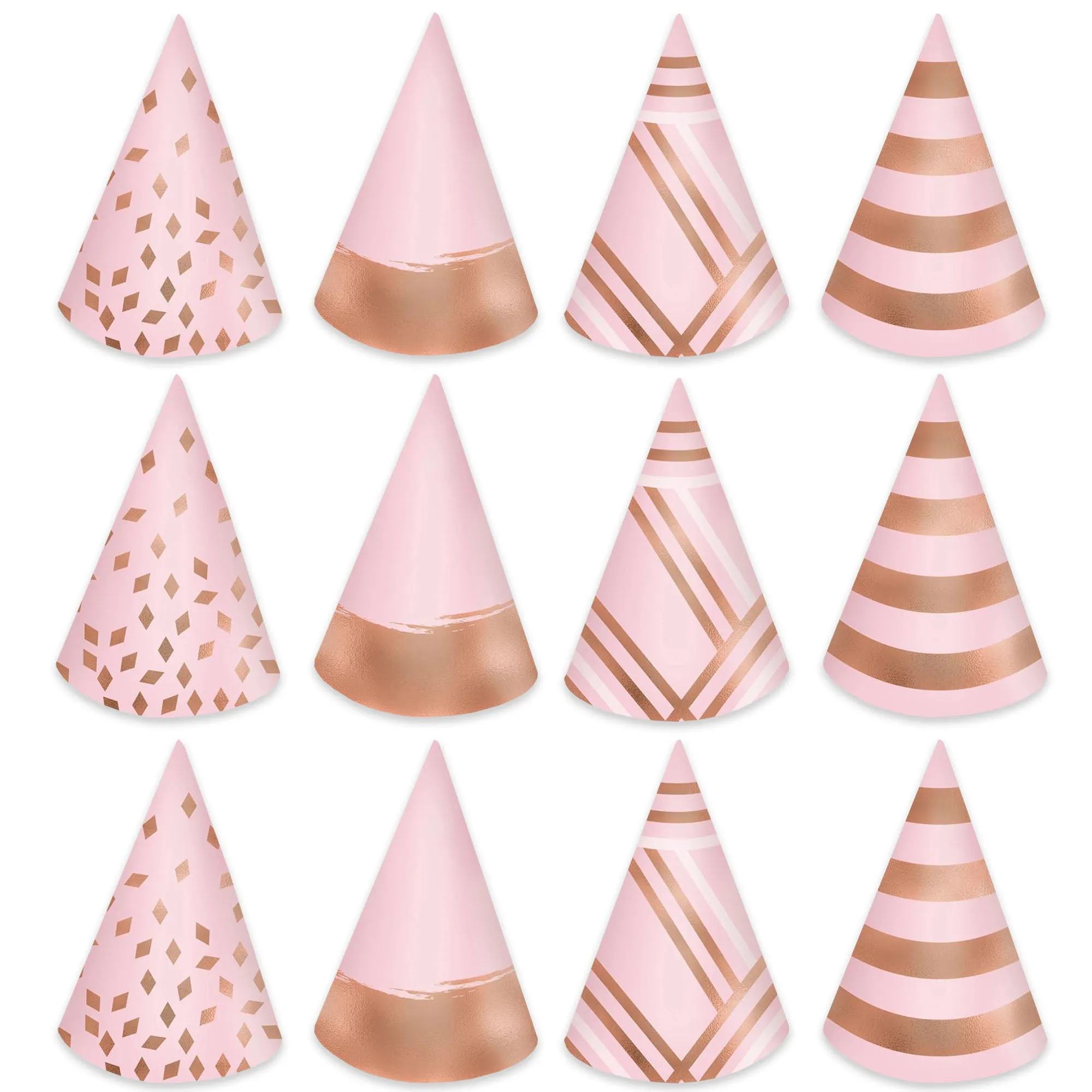 Pink & Blush Rose Gold Mini Foil Cone Party Hat Birthday Accessories, 12 Count