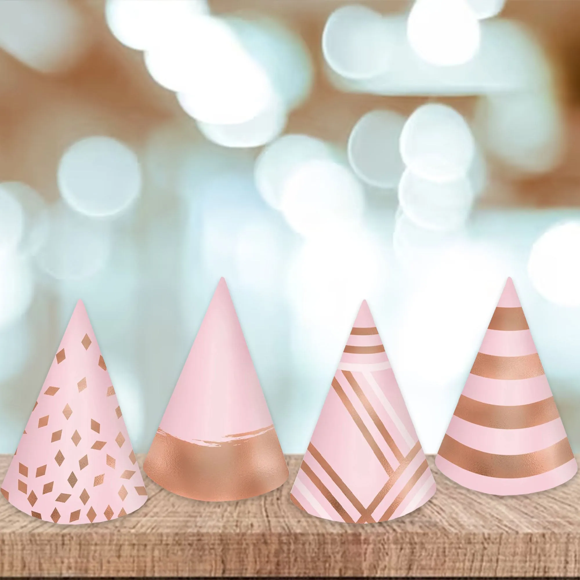 Pink & Blush Rose Gold Mini Foil Cone Party Hat Birthday Accessories, 12 Count