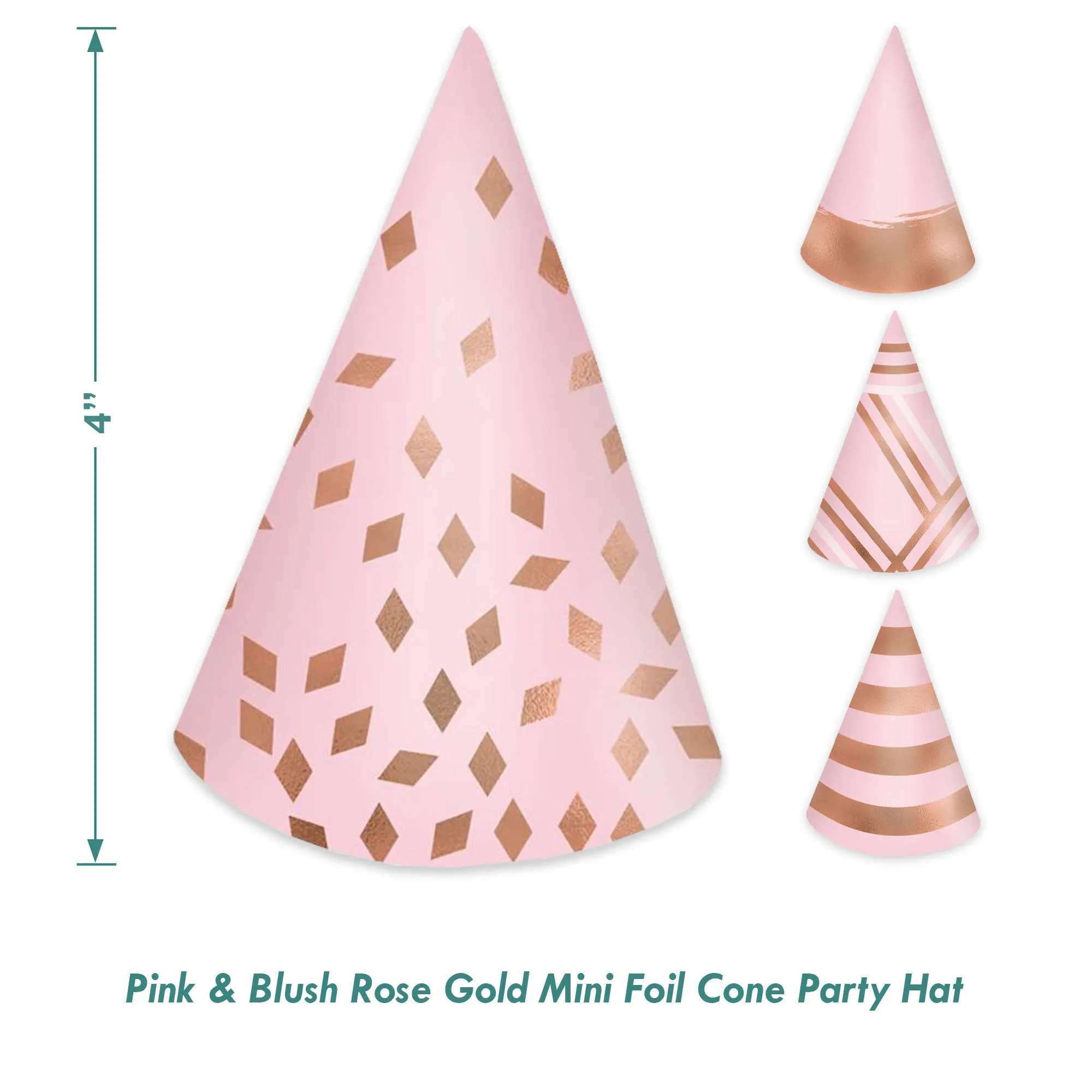 Pink & Blush Rose Gold Mini Foil Cone Party Hat Birthday Accessories, 12 Count
