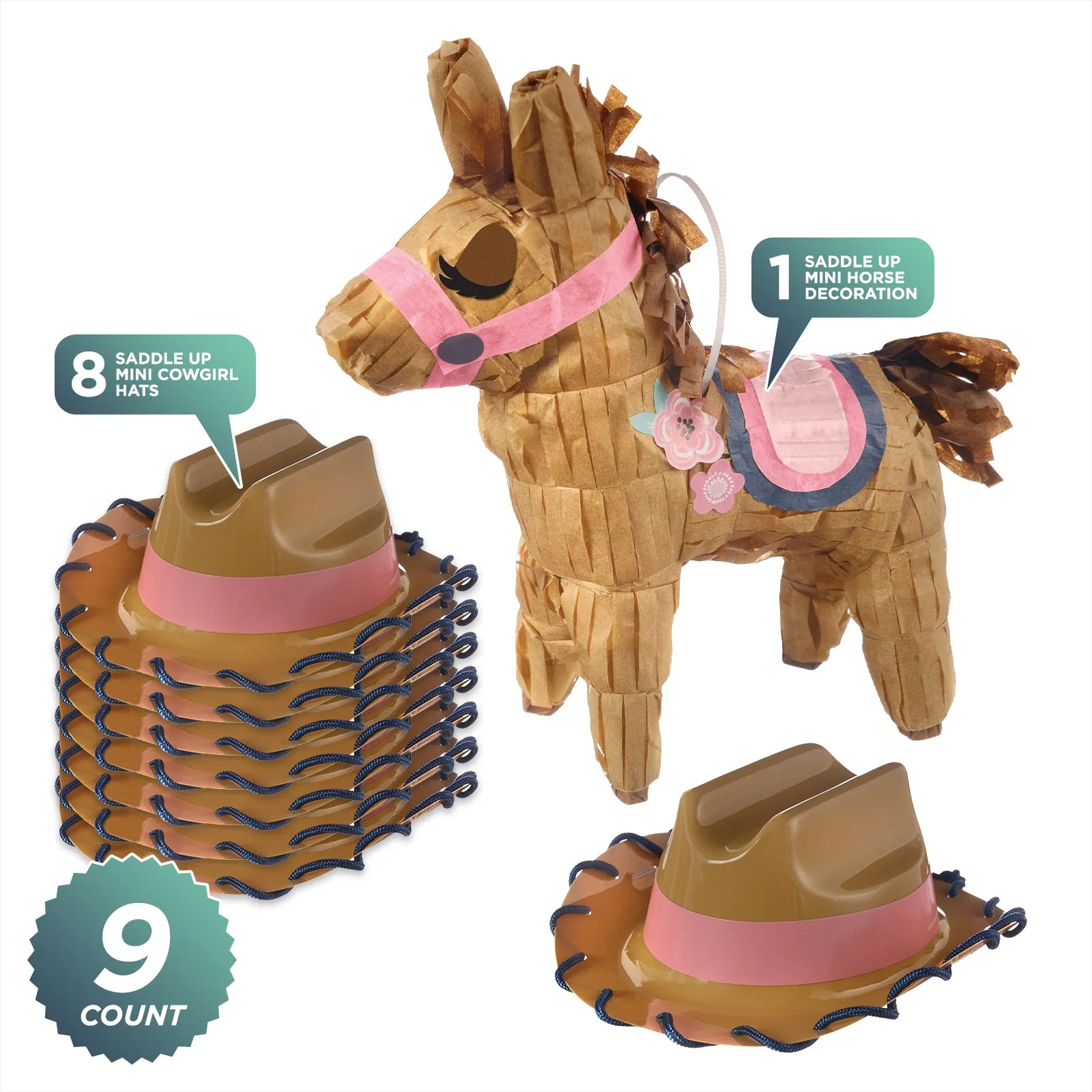 Saddle Up Party Accessories - 8 Mini Cowgirl Hat Favors and 1 Mini Horse Decoration