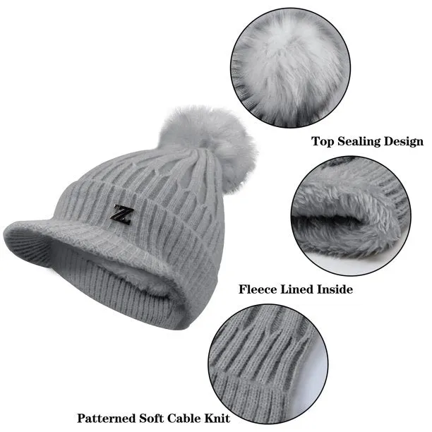 Womens Winter Warm Hat Slouchy Cable Knit Beanie Hat with Visor