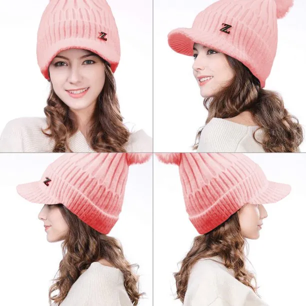 Womens Winter Warm Hat Slouchy Cable Knit Beanie Hat with Visor