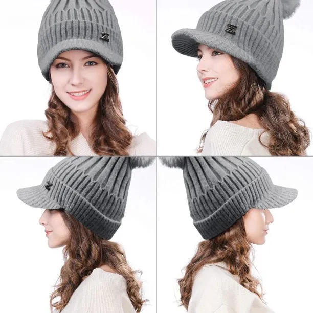 Womens Winter Warm Hat Slouchy Cable Knit Beanie Hat with Visor