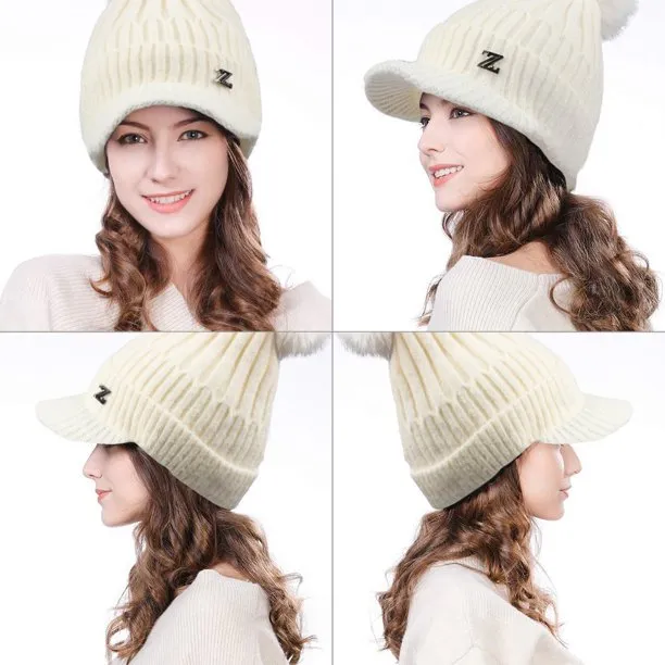 Womens Winter Warm Hat Slouchy Cable Knit Beanie Hat with Visor